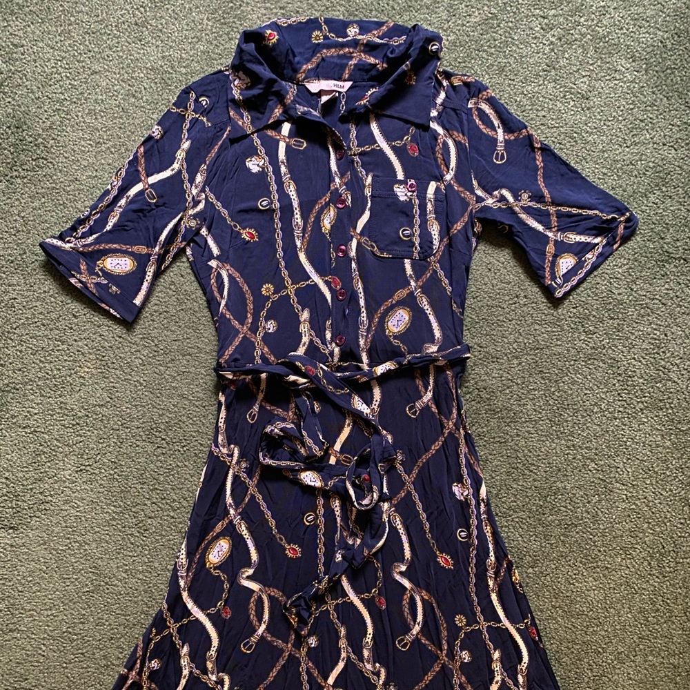 H&M Navy Blue Retro Style Watch Chain Print Midi Belted Shirt Dress - Size 4 XS